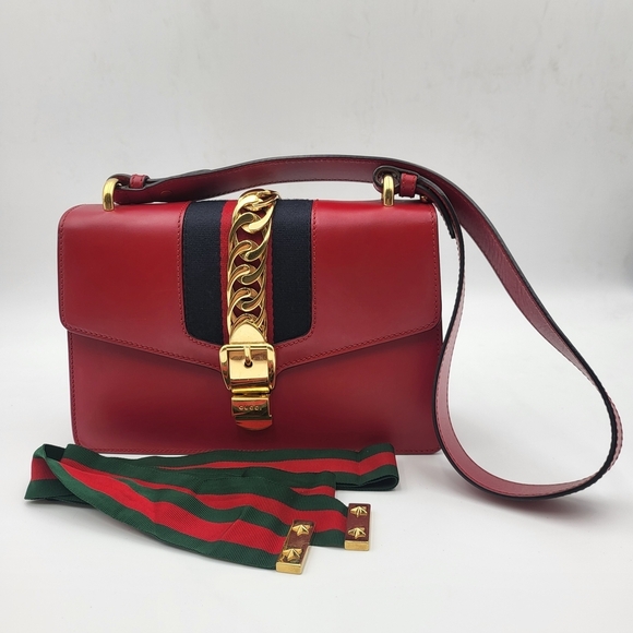 Gucci Handbags - GUCCI Red Calfskin Leather Small Sylvie Shoulder Bag..Authentic..